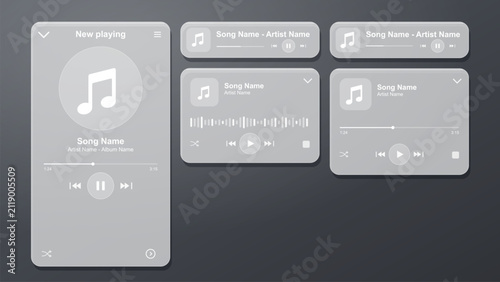 Music player UI glassmorphism kit. Modern audio interface design with frosted glass effect.