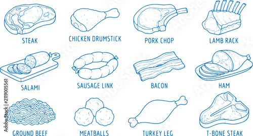 Set of twelve blue line art meat illustrations on checkered background including steak chicken drumstick pork chop lamb rack.