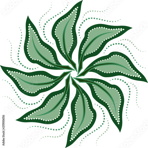 Round ornament of undulate green leaves. Delicate natural design element in vintage style. Soft green leaves on transparent background. Elegant decor for holiday
