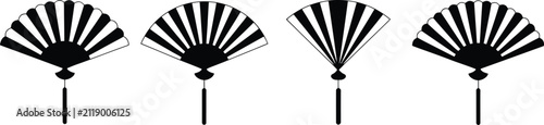 Vector illustration set of traditional Asian folding hand fans with tassels isolated on a clean white background graphic design.