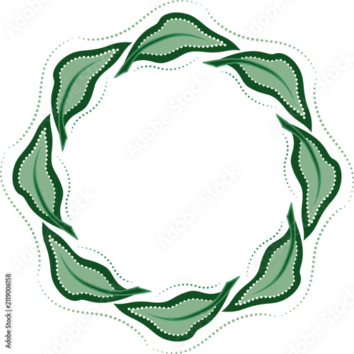 Round frame of undulate green leaves. Delicate design element in vintage style. Soft green leaves on transparent background. Elegant decor for holiday