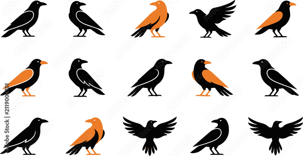 Obraz premium Set of various raven bird illustrations featuring black and orange silhouettes in different poses and artistic styles