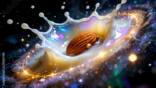 Single almond falling into a splash of creamy white milk with a cosmic galaxy background.