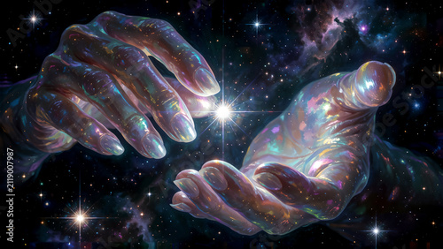Ethereal cosmic hands reaching out to touch a glowing star in deep space.