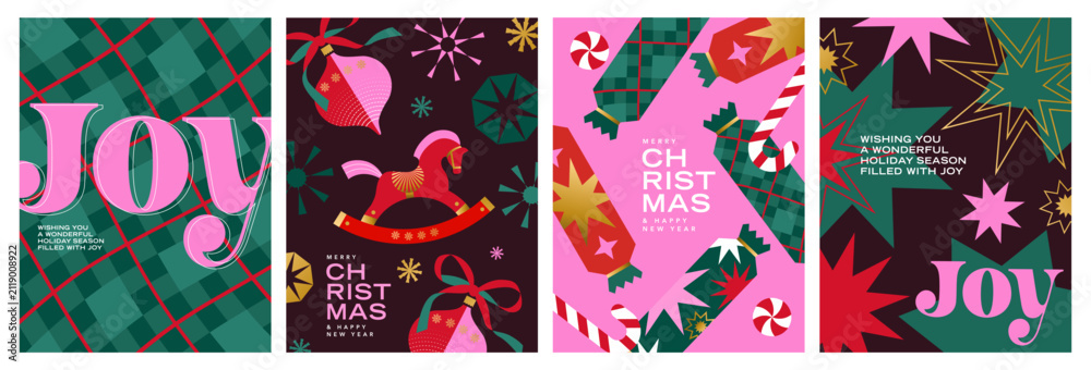 Obraz premium Modern Christmas poster collection with bold typography, geometric ornaments, plaid patterns and festive illustrations. Ideal for branding, packaging, posters, greeting cards and social media.