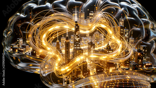 Futuristic conceptual illustration of a glowing city skyline inside a human brain structure.