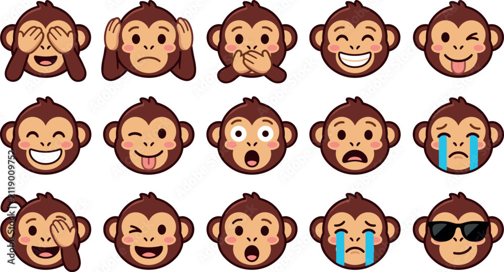 Fototapeta premium Cute Monkey Emoji Icon Set with Three Wise Monkeys See No Evil Hear No Evil Speak No Evil and Various Facial Expressions