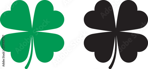 Foto Green and black four leaf clover icons on white background, lucky shamrock vector collection for St