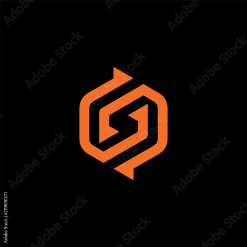 Hexagon symbol features a bold orange stylized arrow design isolated on a deep black background.