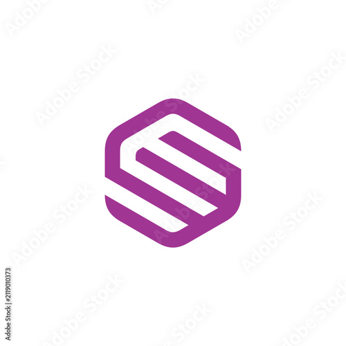 Hexagon letter s logo displays a minimalist purple abstract geometric shape set against a clean white backdrop.