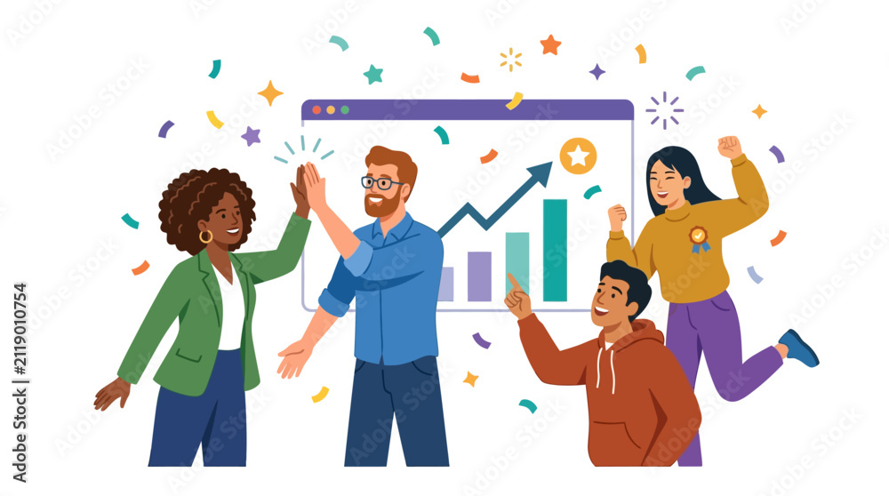 Fototapeta premium Diverse team celebrating success with rising graph and confetti
