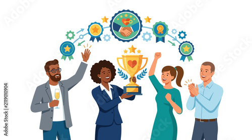 Diverse team celebrating championship trophy, success, teamwork, recognition, awards