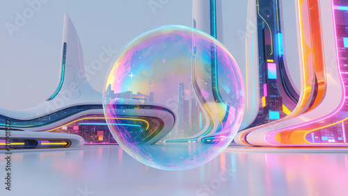 A large iridescent soap bubble floating in front of a futuristic neon city architecture.