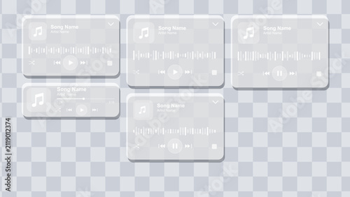 Glassmorphism music player UI elements. Frosted acrylic media control interface set.