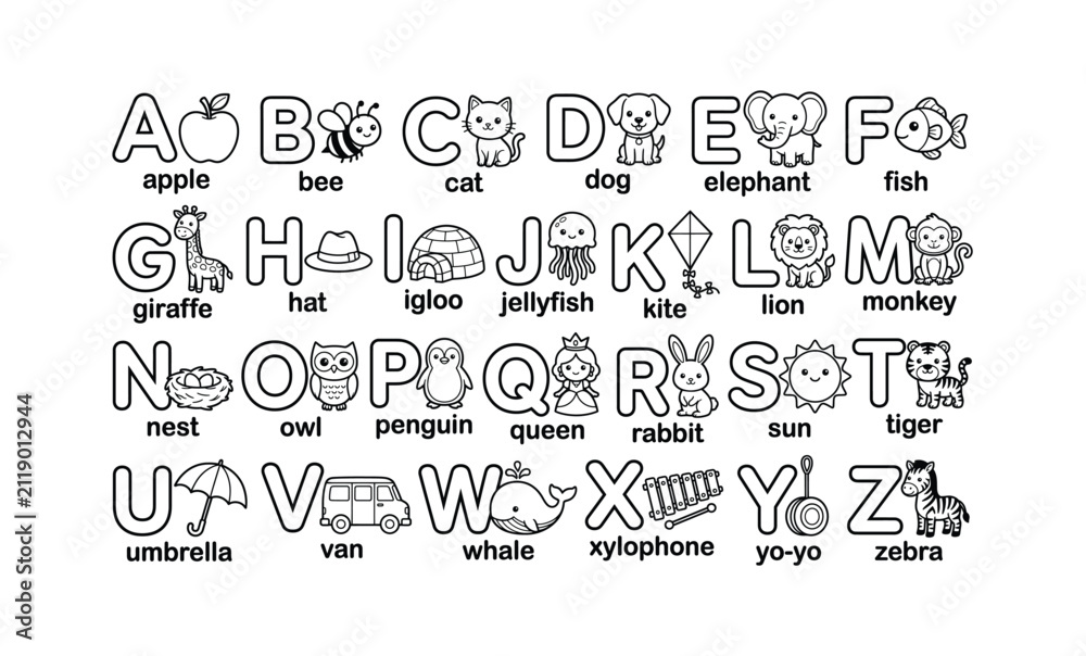 Obraz premium Alphabet Coloring Page A To Z Worksheet For Kids With Cute Animals And Objects