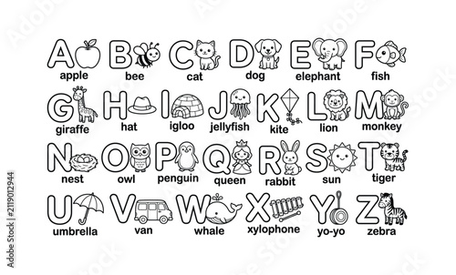 Alphabet Coloring Page A To Z Worksheet For Kids With Cute Animals And Objects