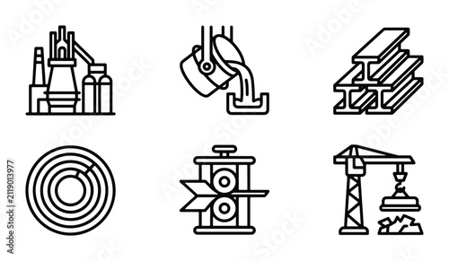 Industrial Metalworking Icons, Steel Manufacturing Set, Heavy Industry Vector Graphics