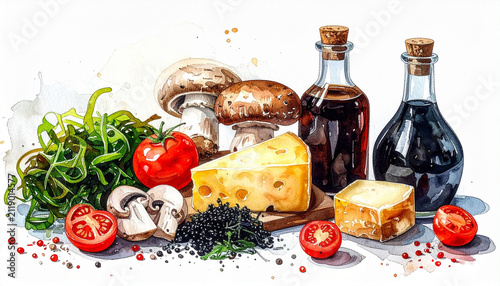Watercolor food flat lay with mushroom, seaweed, cheese, tomato and sauce bottle on white background