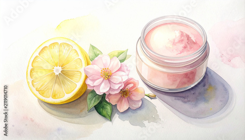Watercolor cosmetic cream jar with lemon slice and pink flower on white background