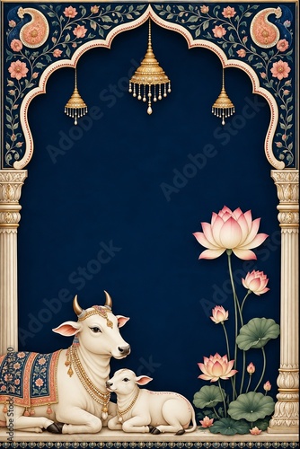 Indian cow and calf with lotus flowers. Traditional religious art with ornate archway frame.