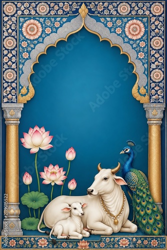 Indian cow and calf with peacock. Traditional Hindu religious art with lotus flowers.