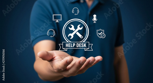 Help desk support concept, IT service technician holding virtual troubleshooting icons
