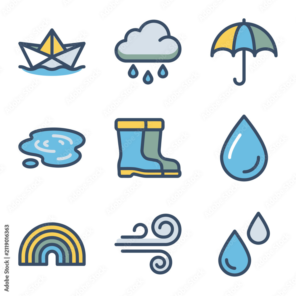 Obraz premium Weather icons display various meteorological elements including rain clouds, umbrellas, and rainbows for forecast graphics.