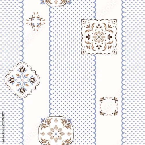 Azulejo Portuguese tiles check patchwork pattern, seamless background Mediterranean Amalfi style