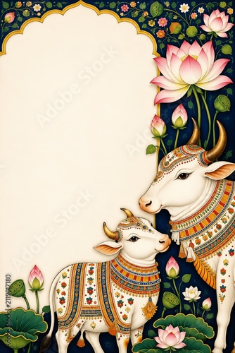 Indian traditional cow painting frame. Decorative ornate cattle art with lotus flowers.