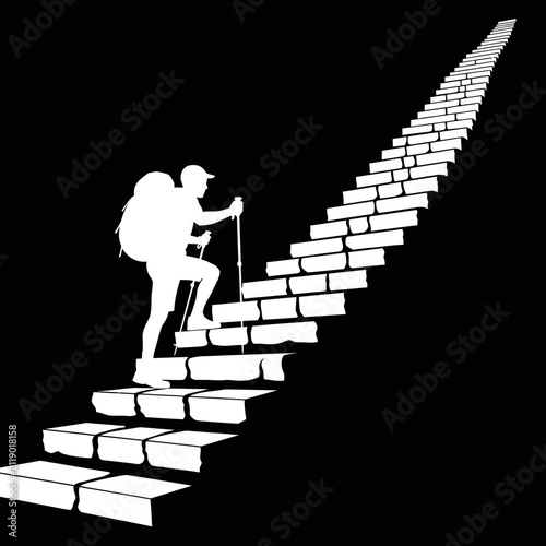 Silhouette of a determined hiker trekking up an endless stairway towards success and personal growth