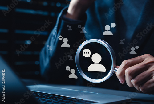 Sentiment analysis concept. Magnifying glass over user feedback icons, opinion mining, customer insights, review analysis, satisfaction monitoring, audience perception and voice of customer evaluation