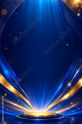 Empty product podium with blue and gold lights. Luxury stage background for product display.