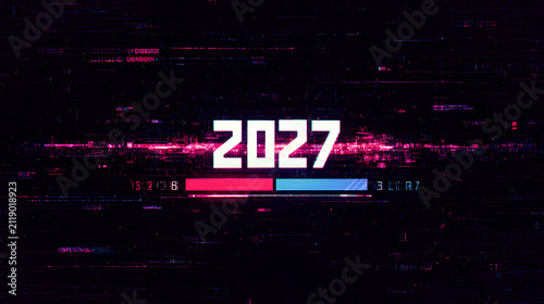 Futuristic 2027 Digital Timeline Interface with Hand Selecting Future Year on Virtual Screen. 2027 new year concept
