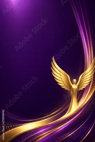 Golden angel wings on purple background. Abstract divine spirit with glowing light effects.