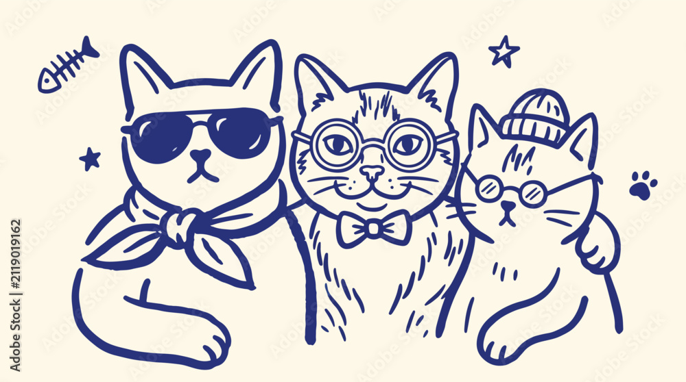 Fototapeta premium Three stylish cats doodle hand drawn illustration