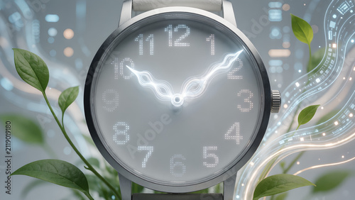Conceptual image of a wristwatch with glowing hands surrounded by green leaves and digital energy.