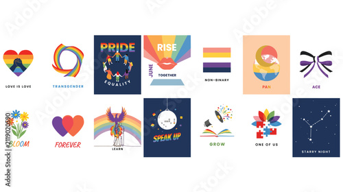 LGBTQ pride month icons and illustrations. Diverse rainbow symbols for equality and diversity.