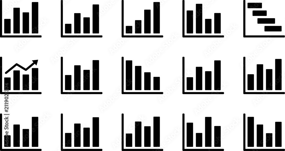 Obraz premium Set of various black and white business bar graph icons for data analysis and financial reporting presentations