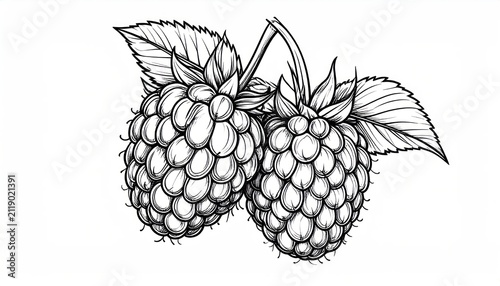 Line art illustration of a pair of raspberries.