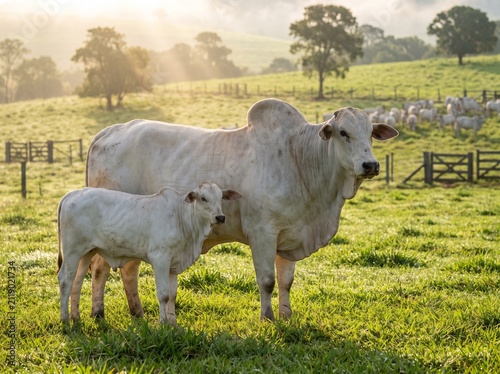 Majestic Nelore bull grazing in a green field during golden sunrise, cinematic light, livestock farming, modern agribusiness, professional commercial photography.