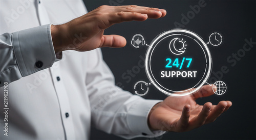 Customer service 24/7 support concept, businessman holding virtual assistance icon, client care