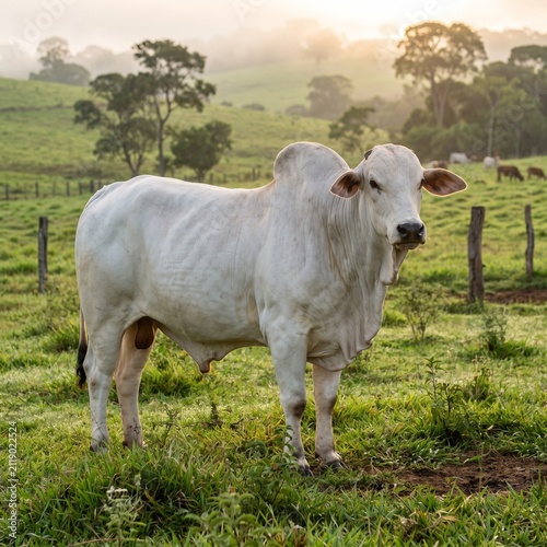 Majestic Nelore bull grazing in a green field during golden sunrise, cinematic light, livestock farming, modern agribusiness, professional commercial photography.