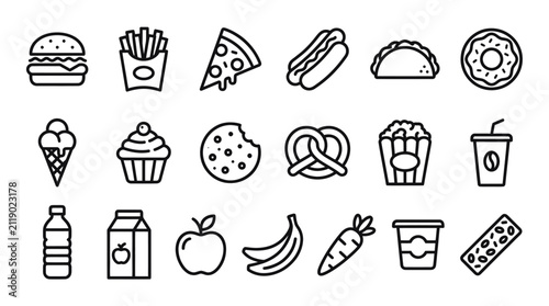 Diverse food and beverage thin icons.