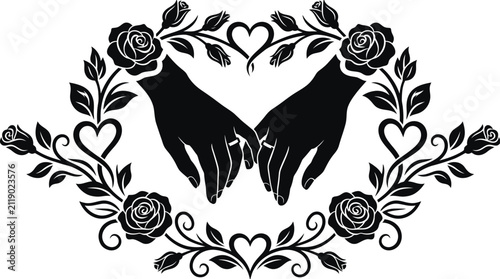 Black silhouette of wedding rings hands surrounded by romantic roses floral frame suitable for tattoo art