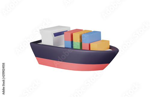 Container cargo ship 3d icon. Maritime freight, cargo transportation and global shipping concept. Isolated 3D object.
