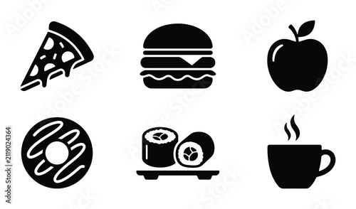 Food Icons Set: Pizza, Burger, Apple, Donut, Sushi, Coffee Cup Vector Graphics