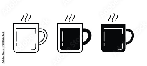 Hot Drink Icons: Black and White Coffee Mugs, Steaming Beverage Vector Set