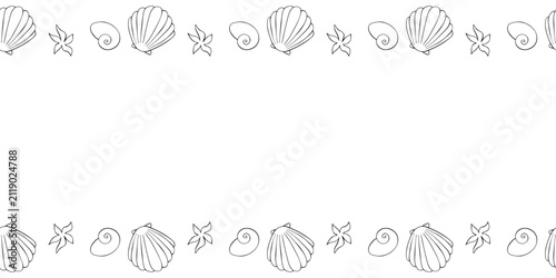 Fame from Outline Sea shells. Horizontal top and bottom edging, border, decoration on theme of Beach holiday. Suitable for summer design, kids activity or coloring book