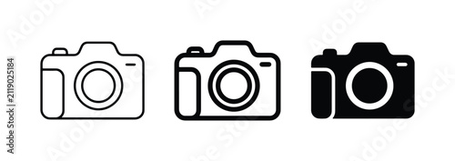 Camera Icons Set: Simple Line Art, Bold Outline, and Solid Silhouette Graphics for Photography and Imaging