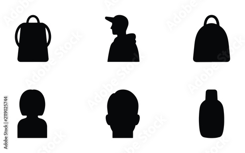 Set of 6 Black Silhouette Icons: Backpack, Person Head, Bottle, Hoodie Person, Male Head, Female Head. Vector Graphics for User Interface and Design.